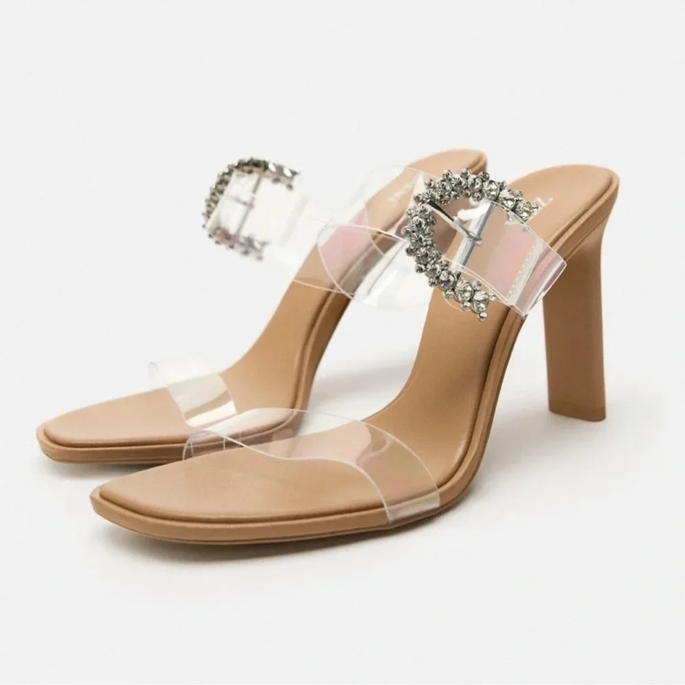 ZARA HIGH HEELED LIGHT BEIGE VINYL SANDALS - Picture 5 of 9